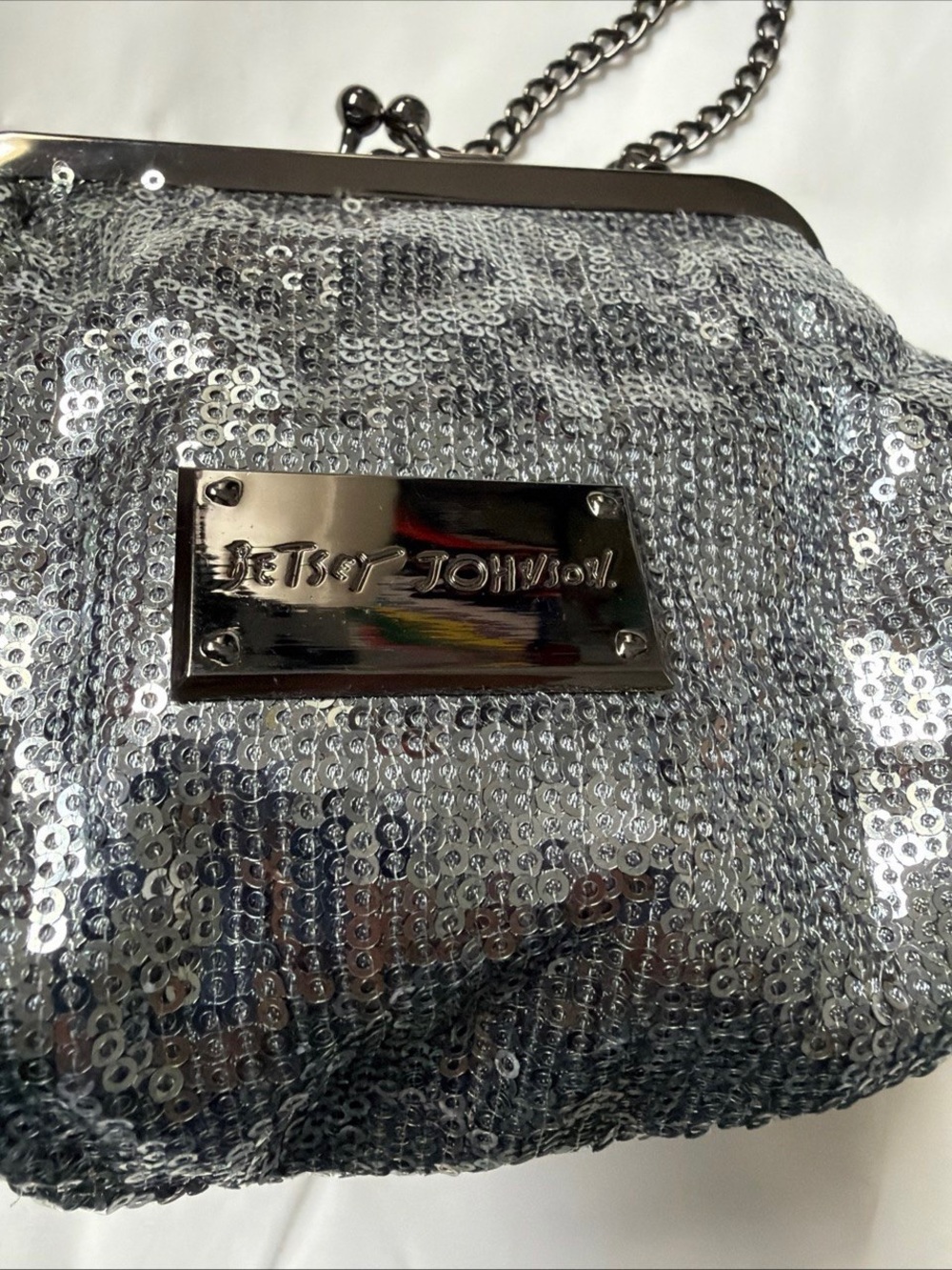 Betsey Johnson Silver Sequin Kiss-Lock Chain Wristlet